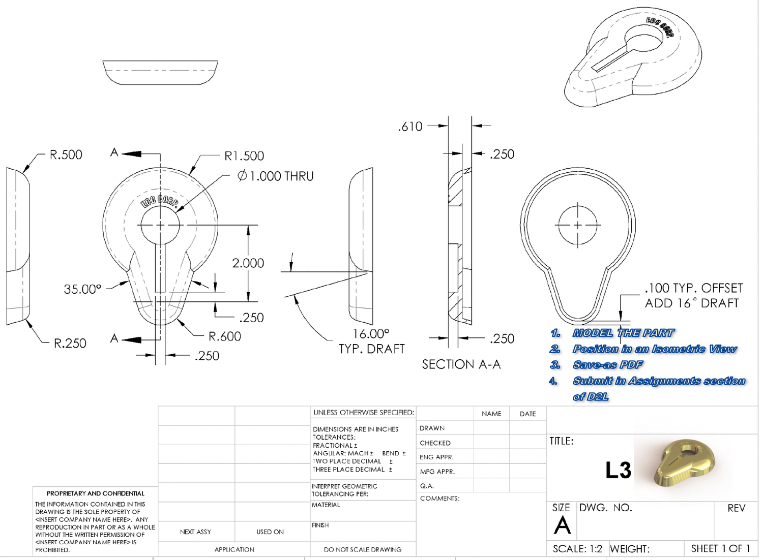 Lab 3 engineering print with draft angle and section view